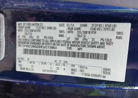 2014 Ford Escape Se z USA, uszkodzony, nr VIN 1FMCU9GX6EUC13863